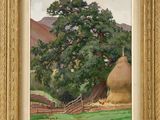 une peinture à l'huile représentant un arbre et des balles de foin dans un champ