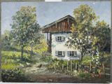 une peinture à l'huile représentant une maison blanche dans un champ bordé d'arbres