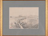 a drawing of a landscape with a dirt road in the foreground
