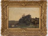 un tableau représentant un paysage avec des arbres dans un cadre doré