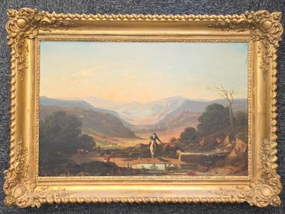 une peinture à l'huile représentant un homme à cheval dans un paysage montagneux