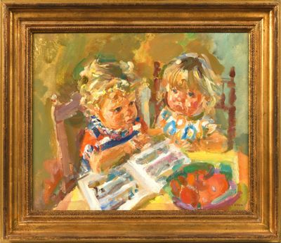 Jean EVEN (1910-1986) "Fillettes lisant un livre d'images" - Photo 1