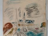 three paintings on the wall of a room one is a boat and the other is a sailboat