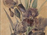 peinture représentant des iris violets dans un vase en verre sur fond beige