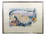 framed watercolor painting of a view of a village in the mountains