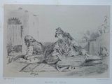 un dessin représentant une femme assise par terre avec un chien