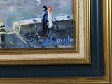 a painting of a man and a woman walking on the beach