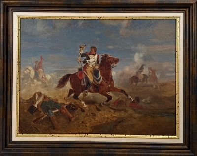 ECOLE DU XIXe SIECLE : "Officier d'Empire à cheval", HST sbd et datée  - Photo 1