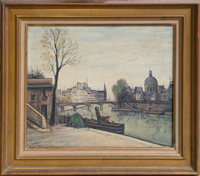 an oil painting of a boat on a river with buildings in the background
