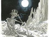 dessin représentant un squelette assis sur un rocher, avec la pleine lune en arrière-plan