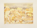 painting of a village in the middle of a desert with mountains in the background