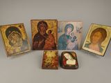 six small wooden icons of jesus and other religious figures