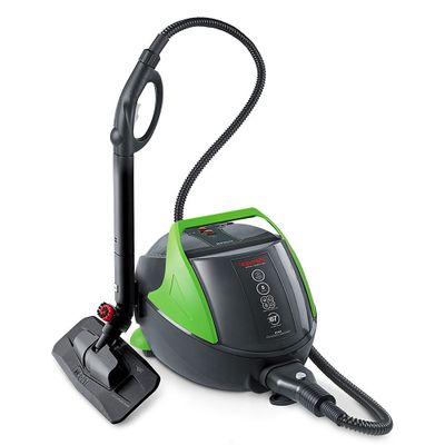 un aspirateur vert et noir posé sur une surface blanche