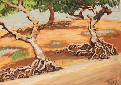 un tableau représentant un groupe d'arbres dans un champ