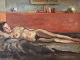 a painting of a nude woman laying on a bed
