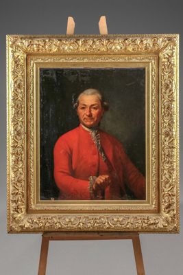 an old painting of a man in a red coat is on a easel