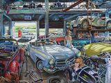 a painting of a garage filled with cars and motorcycles