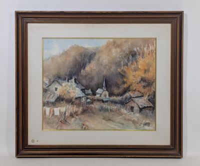 une aquarelle représentant une scène de campagne avec une maison en arrière-plan