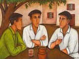 painting of three men sitting at a table talking to each other
