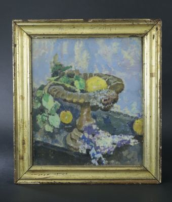 École XXe "Coupe de fruits", huile sur toile marouflée sur c…