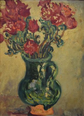 a painting of flowers in a green vase on a table