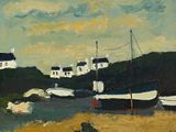 une peinture de bateaux sur le rivage d'une plage
