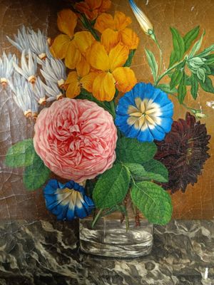 a painting of flowers in a glass vase on a table