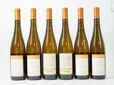 six bouteilles de vin sont alignées sur une surface blanche