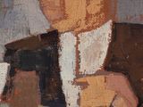 a painting of a man in a suit and tie sitting at a table