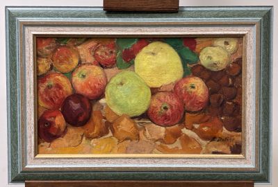a picture of a painting of apples on a table