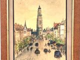 painting of a city street with a clock tower in the background