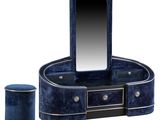 an image of a blue vanity with a mirror and stool