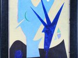 peinture abstraite représentant une femme avec un oiseau sur la tête