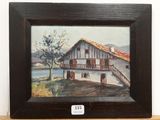 an oil painting of a house on a shelf next to a tree