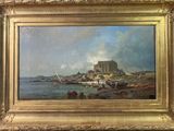 une peinture à l'huile représentant la vue d'un château sur une côte rocheuse