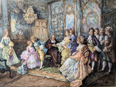 un tableau représentant un groupe de personnes assises dans une pièce