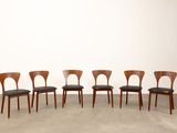 set of six dining chairs with black leather upholstered seats