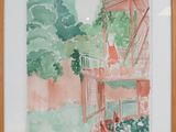 framed watercolor painting of a cat sitting on a balcony in a garden