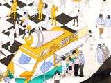 a drawing of a food truck on a checkered floor