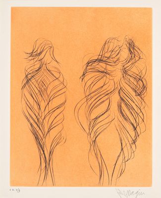 un dessin représentant les cheveux de deux femmes sur un fond orange