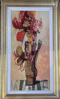 a painting of flowers in a vase on a table