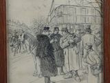 an old drawing of a group of people standing on a street