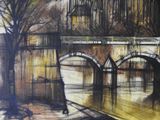 painting of a bridge over a body of water with a building in the background
