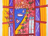 painting of a window with a view of a city and a boat