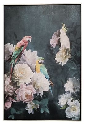 un tableau représentant deux perroquets perchés sur une branche fleurie