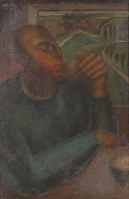 tableau représentant un homme assis à une table, en train de boire dans un verre