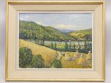 une peinture à l'huile représentant un paysage avec une rivière au loin