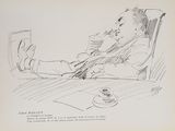 dessin représentant un homme assis à une table avec une tasse de café