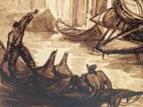 a drawing of a man on a boat in the water