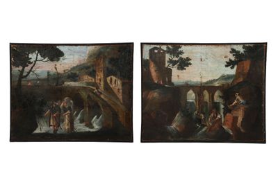 deux tableaux représentant un homme et une femme dans un paysage, dont l'un tient une épée